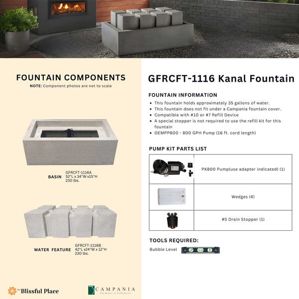 Complete overview of the Kanal Fountain with dimensions, weights, pump kit parts, tools, and general info.
