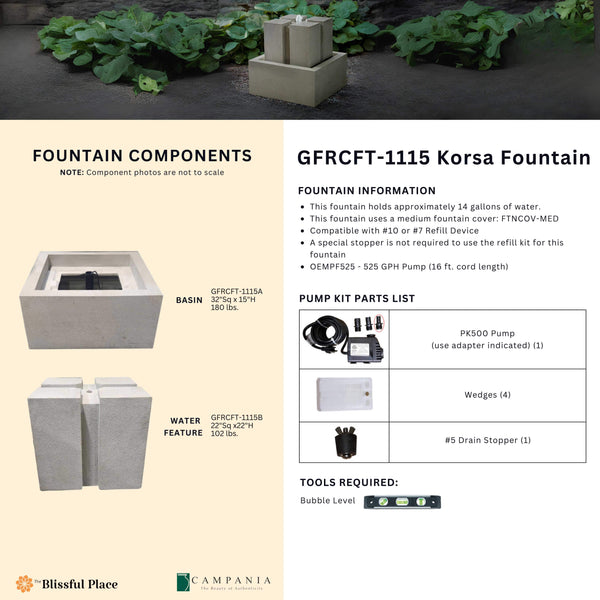 Complete overview of the Korsa Fountain with dimensions, weights, pump kit parts, tools, and general info.
