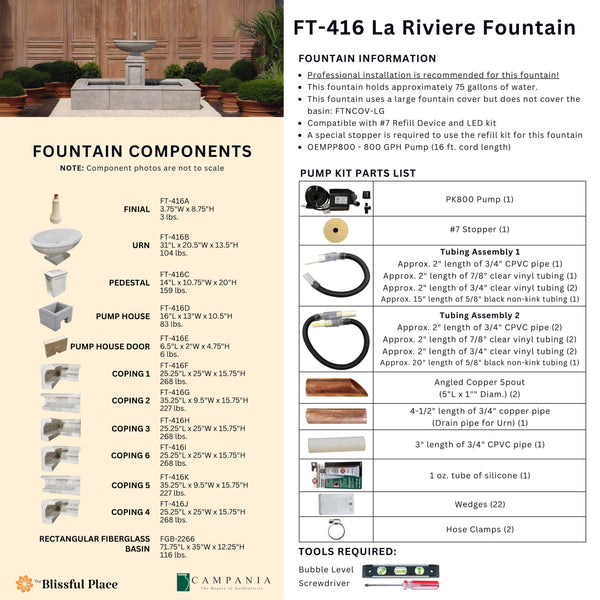 Complete overview of the La Riviere Fountain with dimensions, weights, pump kit parts, tools, and general info.