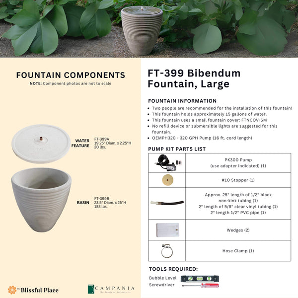 Complete overview of the Bibendum Fountain, Large with dimensions, weights, pump kit parts, tools, and general info.
