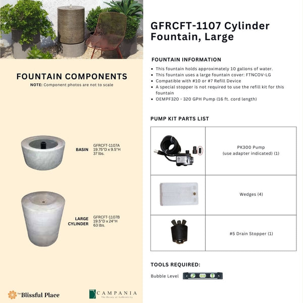 Complete overview of the Cylinder Fountain, Large with dimensions, weights, pump kit parts, tools, and general info.