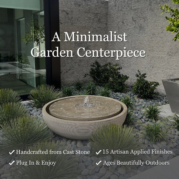 Large Girona Fountain in minimalist garden centerpiece.