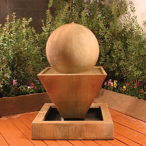 Large Oblique modern water feature with ball on top placed on patio