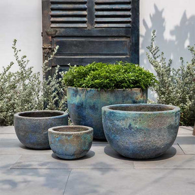 Lillet Bowl - Blue Verdigris - S/4 on concrete filled with plants