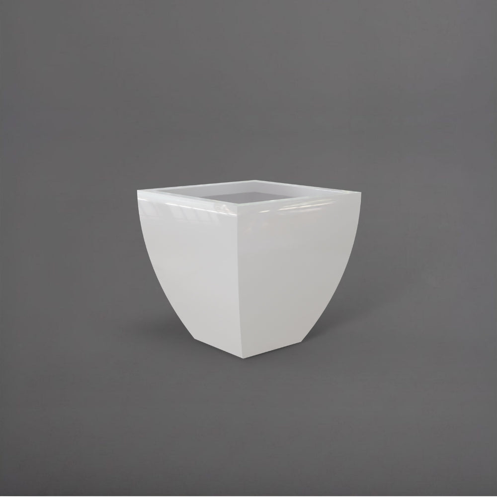 Lima Square Tapered Fiberglass Planter in gloss bright white against gray background.