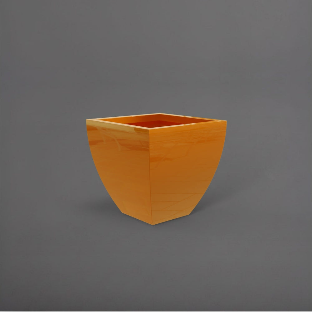 Lima Square Tapered Fiberglass Planter in gloss tangerine against gray background.