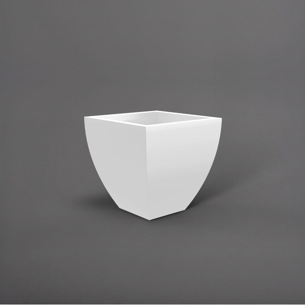 Lima Square Tapered Fiberglass Planter in matte bright white against gray background.