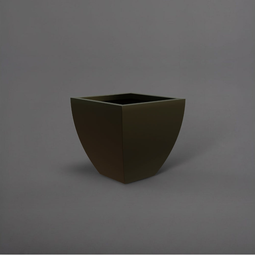 Lima Square Tapered Fiberglass Planter in matte bronze against gray background.
