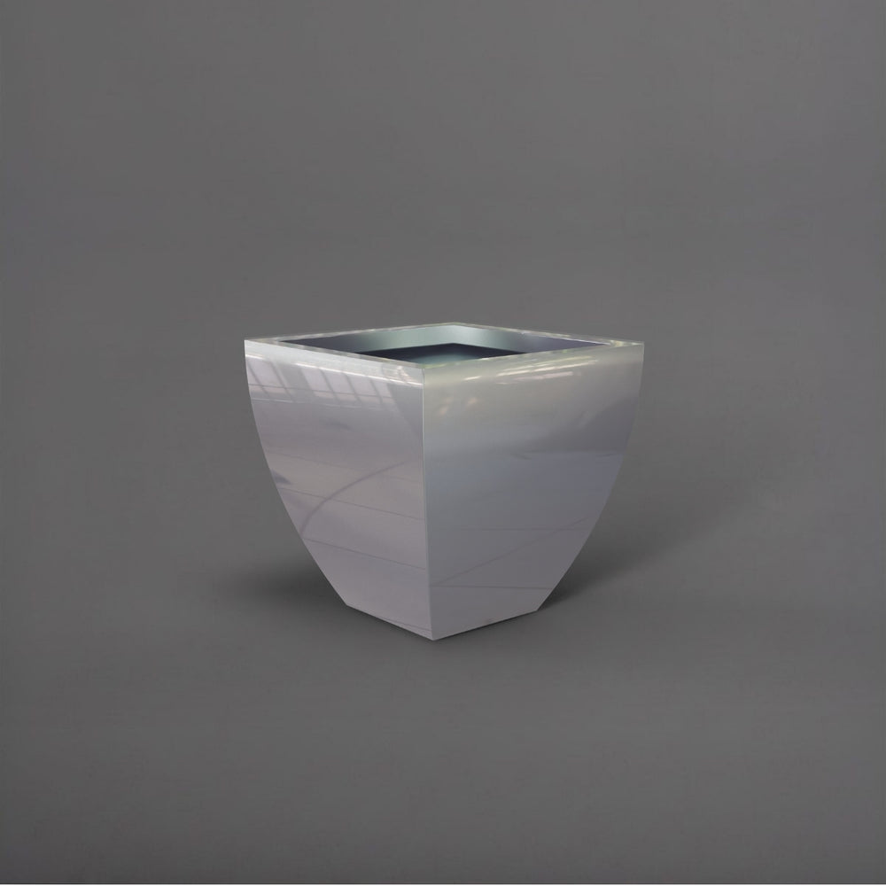 Lima Square Tapered Fiberglass Planter in metallic silver against gray background.