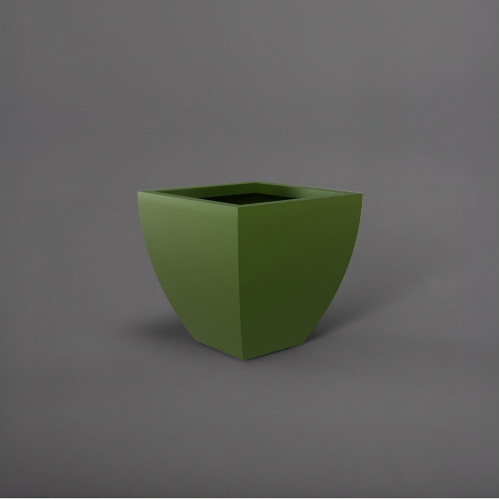 Lima Square Tapered Fiberglass Planter in satin green against gray background.