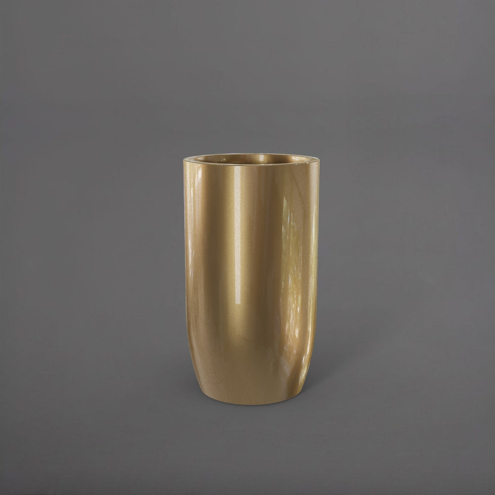 Lisbon Tall Round Tapered Fiberglass Planter in gloss metallic gold against gray background.