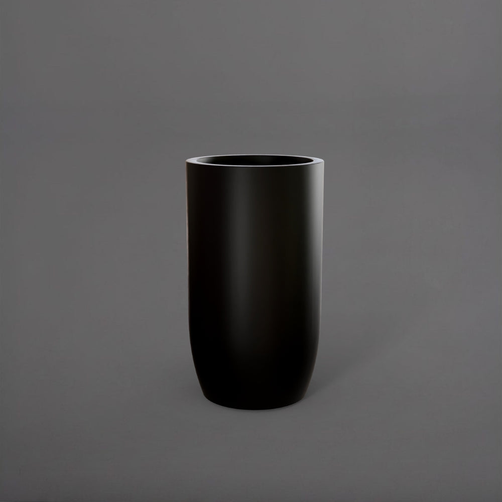 Lisbon Tall Round Tapered Fiberglass Planter in matte black against gray background.