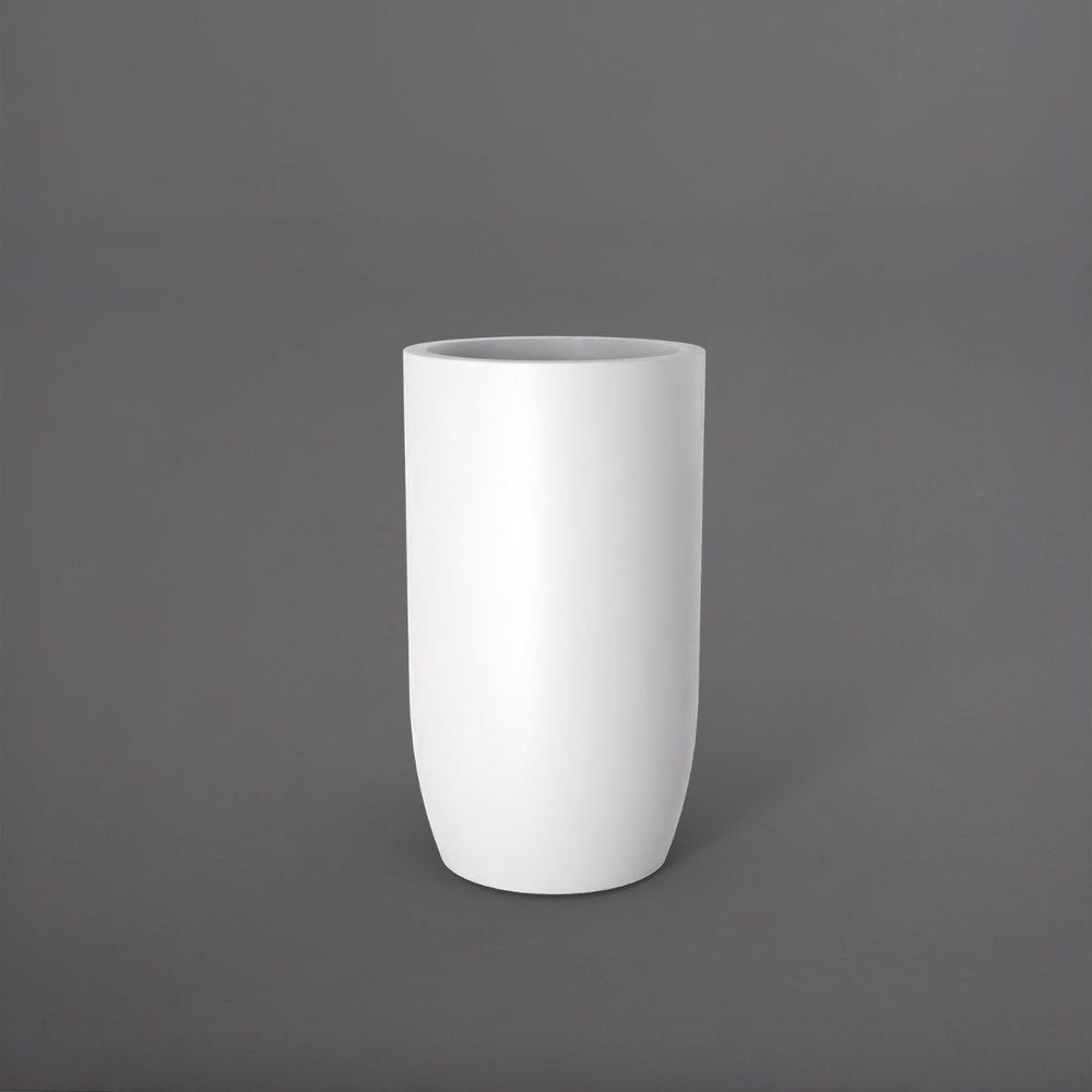 Lisbon Tall Round Tapered Fiberglass Planter in matte bright white against gray background.