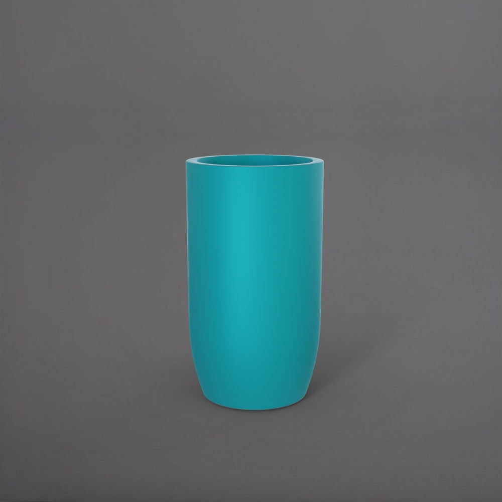 Lisbon Tall Round Tapered Fiberglass Planter in satin seafoam green against gray background.