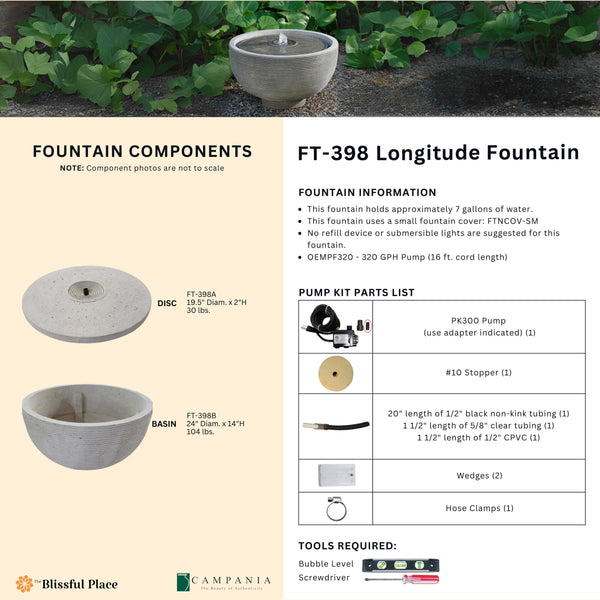 Complete overview of the Longitude Fountain with dimensions, weights, pump kit parts, tools, and general info.
