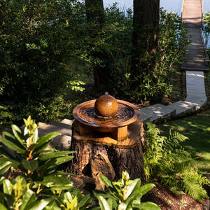 Low Zen Sphere fountain on tree stump in action near lake