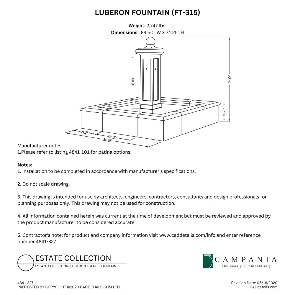 CAD drawing of the Luberon Fountain with dimensions, weight, and manufacturer notes.