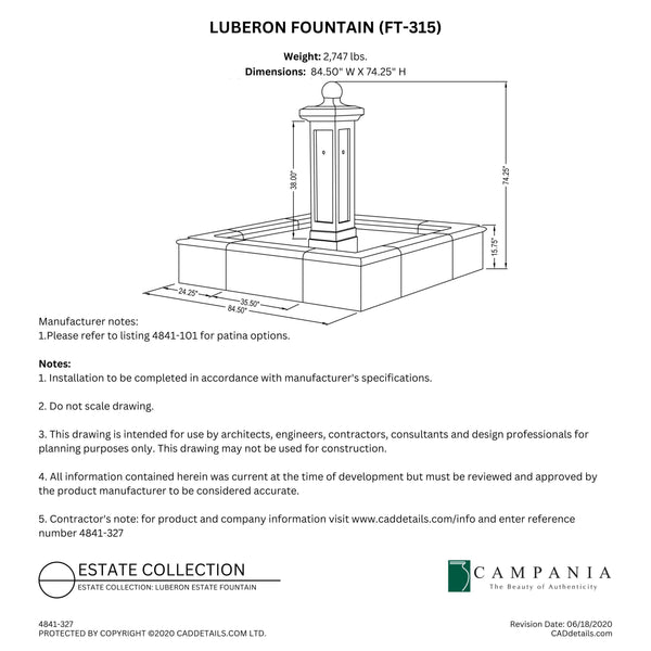 CAD drawing of the Luberon Fountain with dimensions, weight, and manufacturer notes.