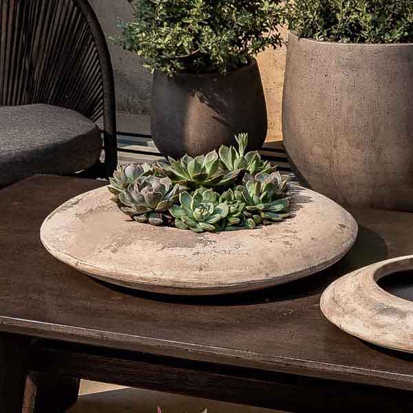 Luna Bowl Medium Antico Terra Cotta S/2 on the table filled with plants