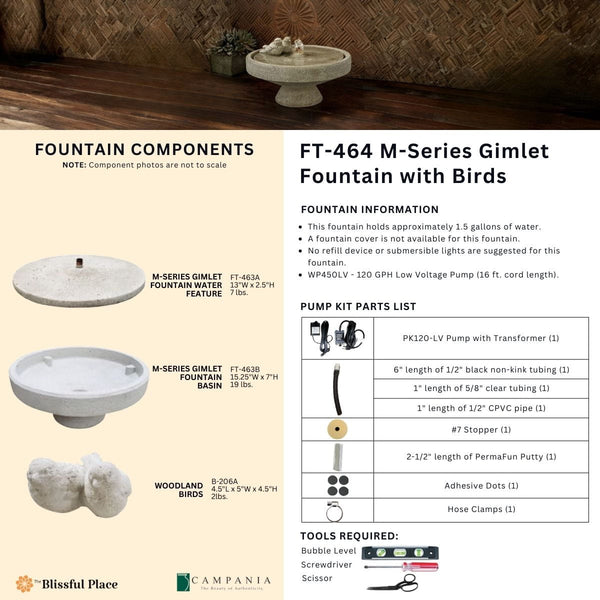 M-Series Gimlet Fountain with Birds Info Sheet.