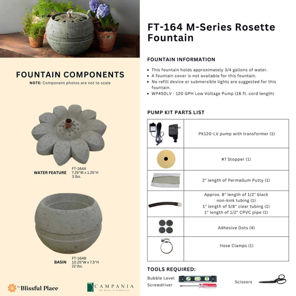 Complete overview of the M-Series Rosette Fountain with dimensions, weights, pump kit parts, tools, and general info.