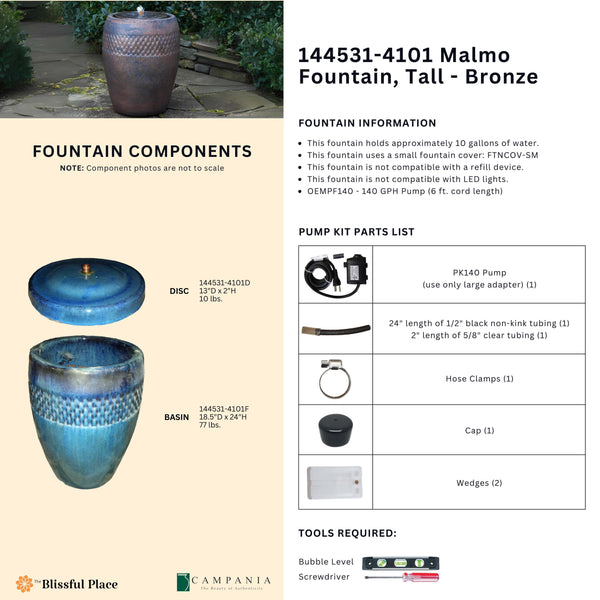 Info sheet for the Malmo Fountain, Tall - Bronze listing components, dimensions, weights, pump parts, and required tools.