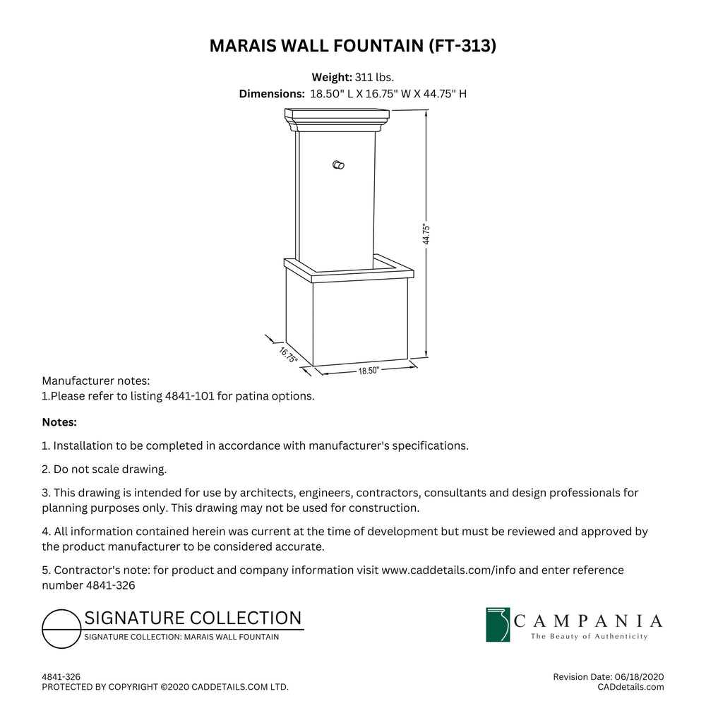 CAD drawing of the Marais Wall Fountain with dimensions, weight, and manufacturer notes.
