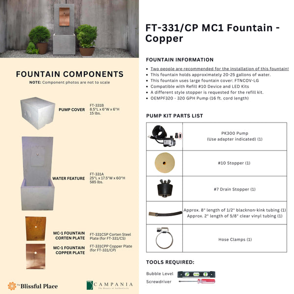 Complete overview of the MC-1 Fountain - Copper with dimensions, weights, pump kit parts, tools, and general info.