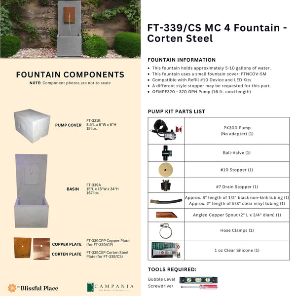 Complete overview of the MC-4 Fountain - Corten Steel with dimensions, weights, pump kit parts, tools, and general info.