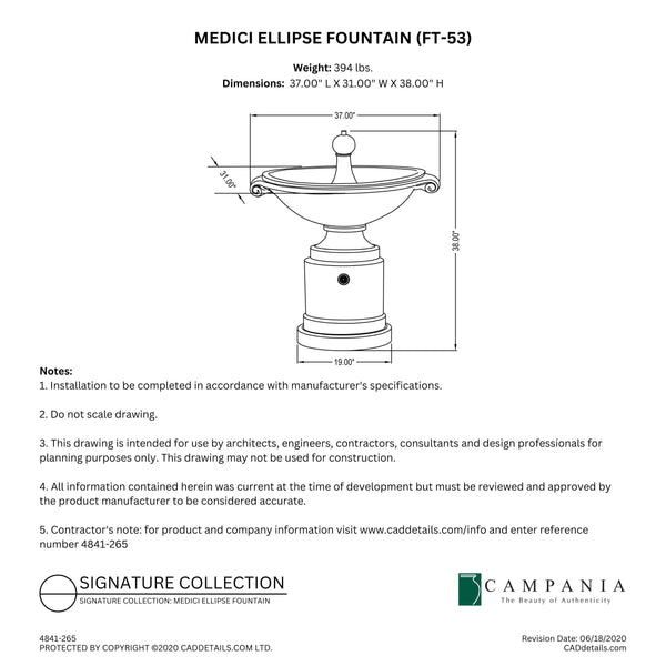 CAD drawing of the Medici Ellipse Fountain with dimensions, weight, and manufacturer notes.
