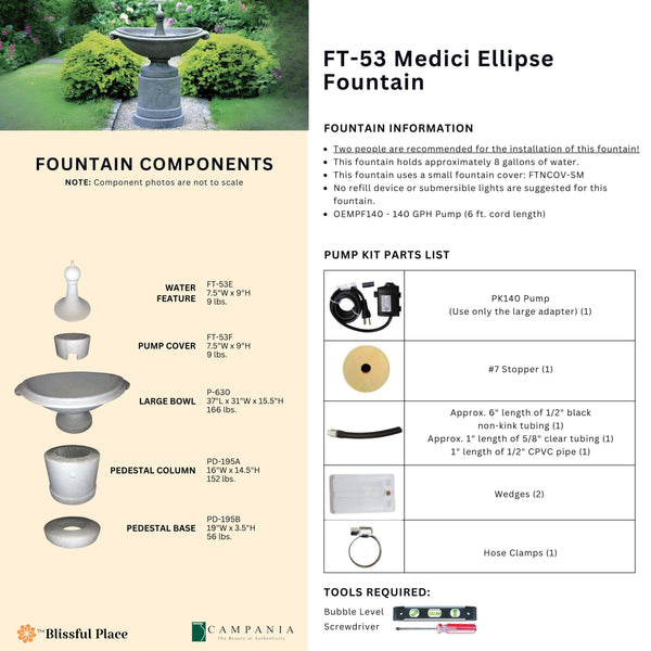 Complete overview of the Medici Ellipse Fountain with dimensions, weights, pump kit parts, tools, and general info.