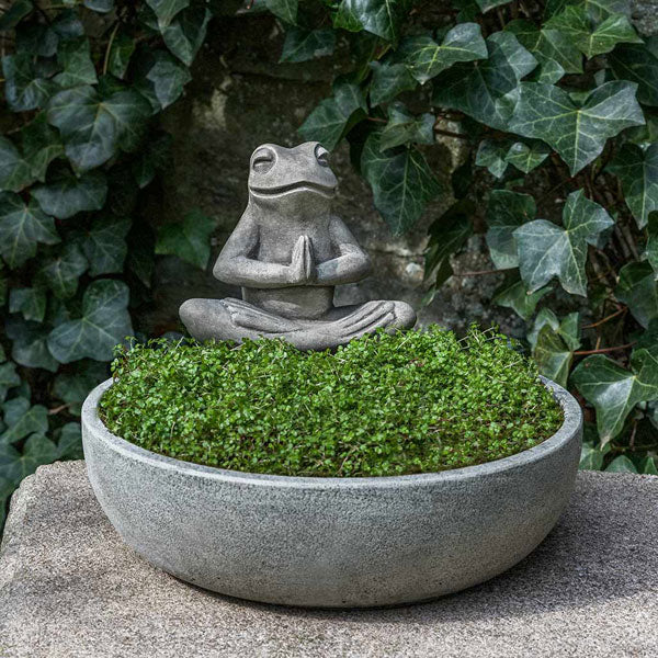 Meditation Frog Bowl Planter on ledge in backyard