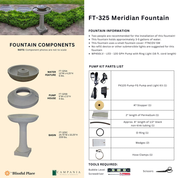 Complete overview of the Meridian Fountain with dimensions, weights, pump kit parts, tools, and general info.