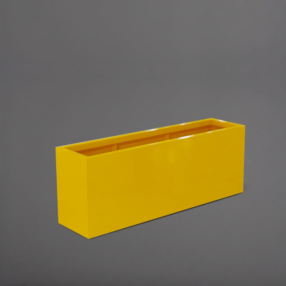 Miami Rectangle Fiberglass Planter in gloss saffron against gray background.
