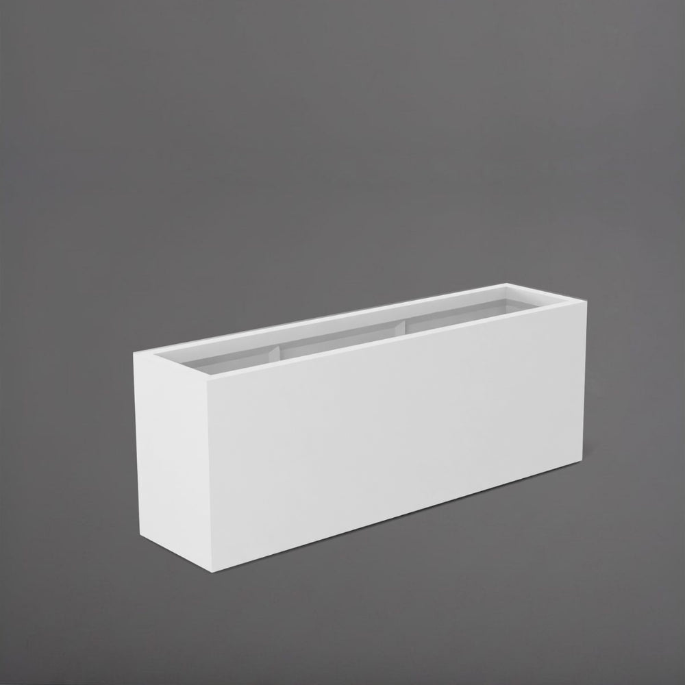 Miami Rectangle Fiberglass Planter in matte bright white against gray background.