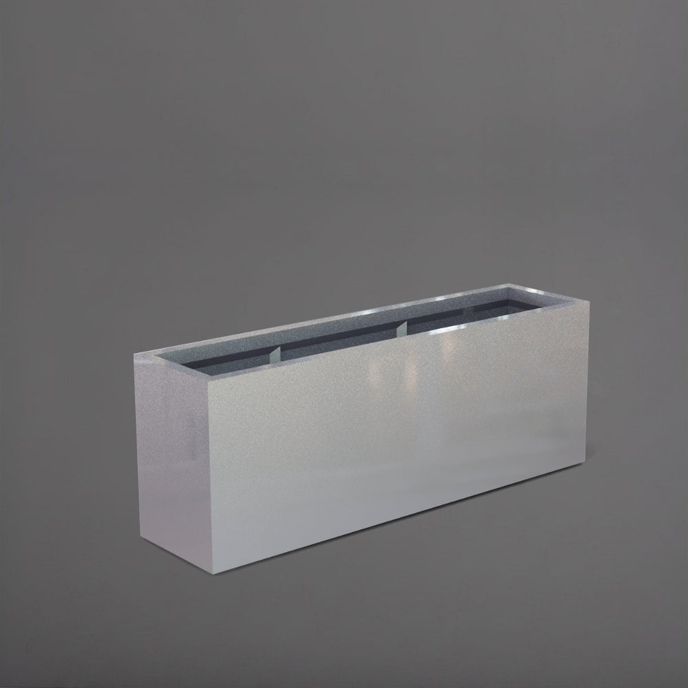 Miami Rectangle Fiberglass Planter in metallic silver against gray background.