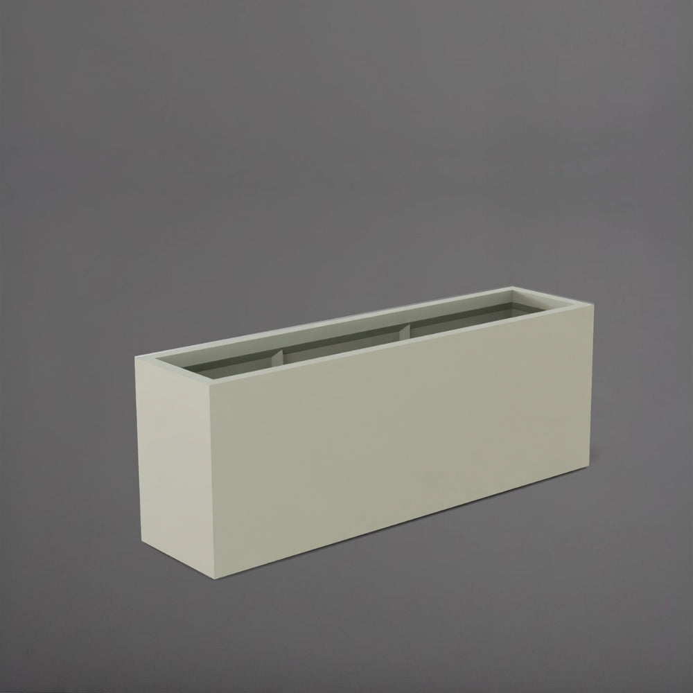 Miami Rectangle Fiberglass Planter in satin beige against gray background.
