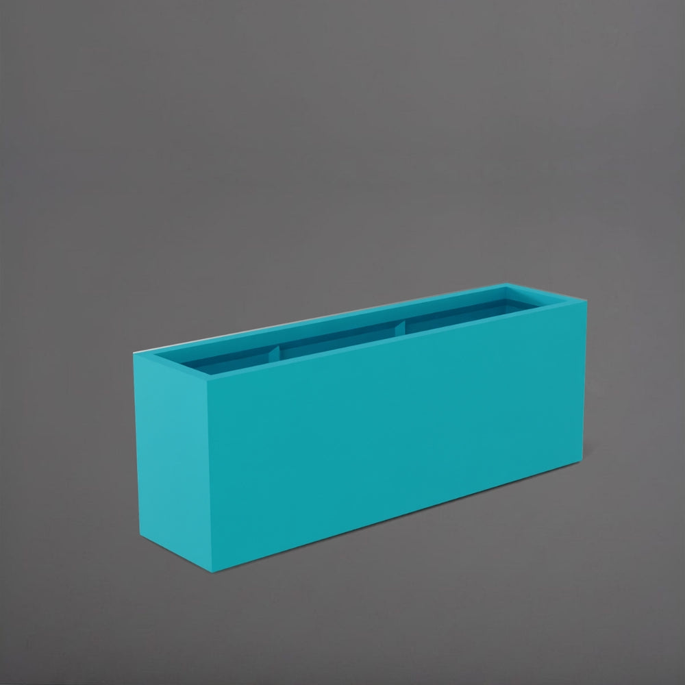 Miami Rectangle Fiberglass Planter in satin seafoam green against gray background.