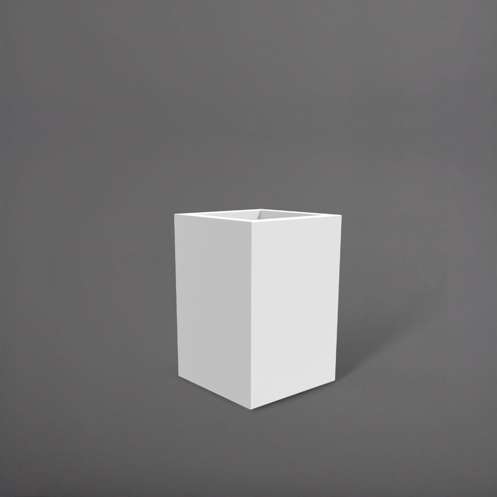 Miami Short Corner Fiberglass Planter in matte bright white against gray background.