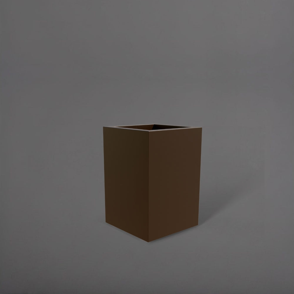 Miami Short Corner Fiberglass Planter in matte dark brown against gray background.