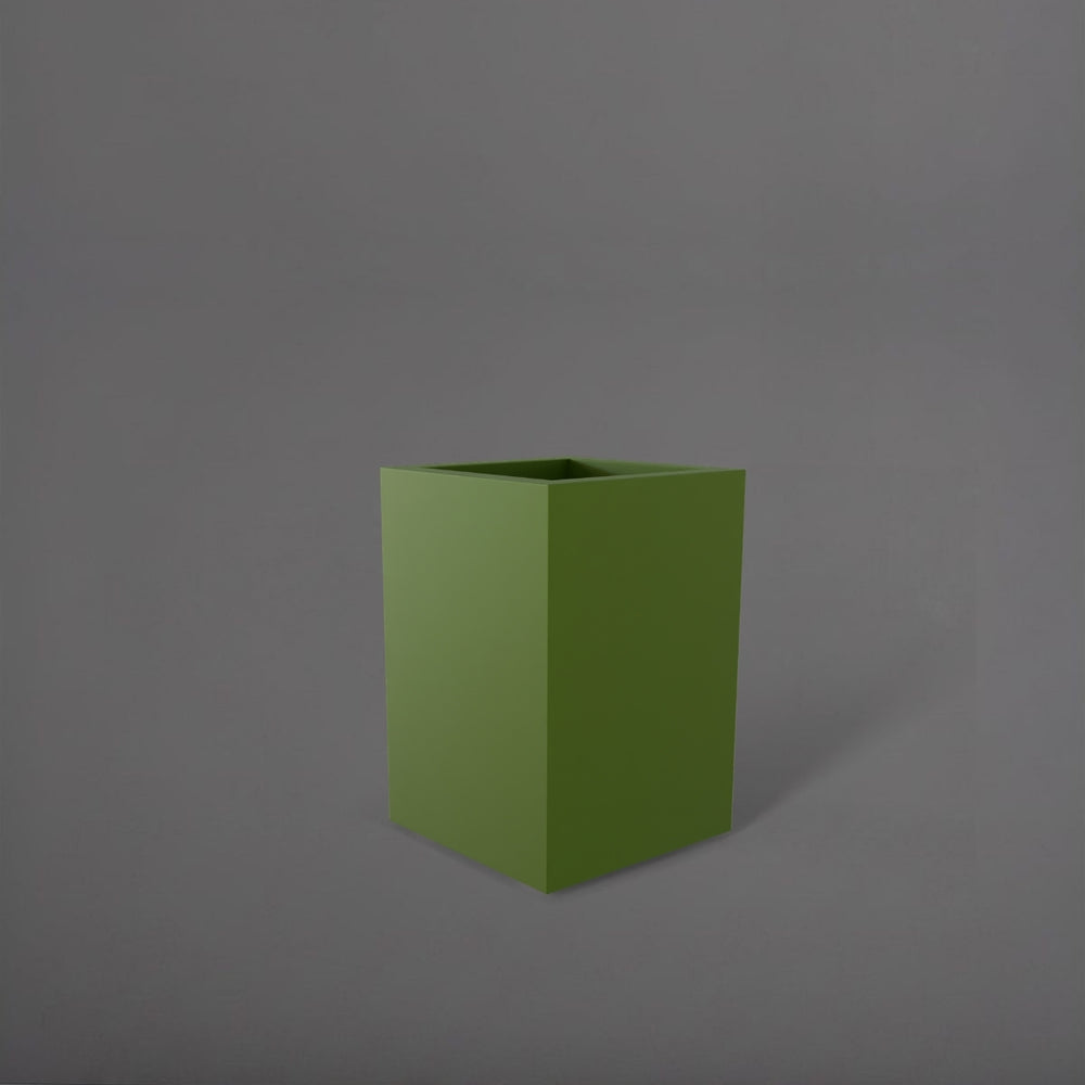 Miami Short Corner Fiberglass Planter in satin green against gray background.