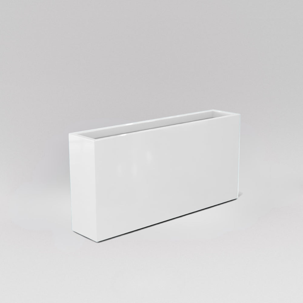 Milano Narrow Rectangle Planter in gloss bright white against gray background. 