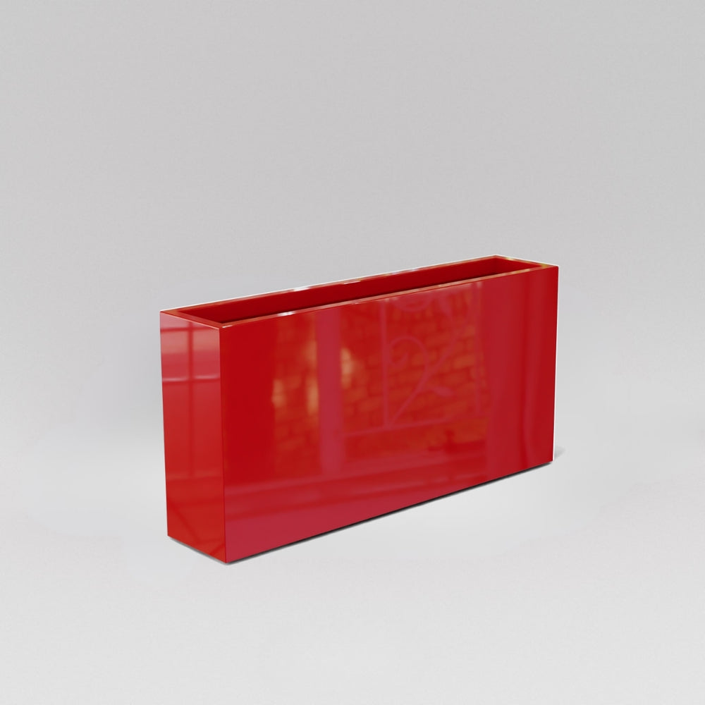 Milano Narrow Rectangle Planter in gloss red against gray background.