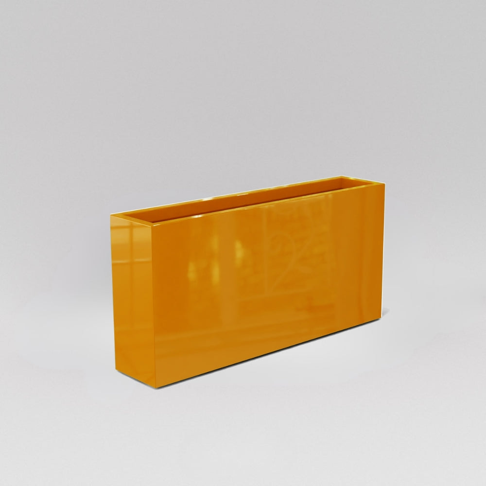 Milano Narrow Rectangle Planter in gloss tangerine against gray background