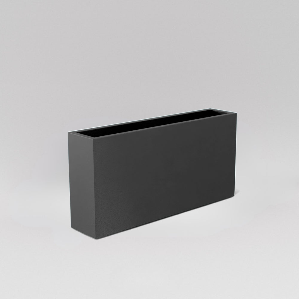 Milano Narrow Rectangle Planter in matte gun metal against gray background.