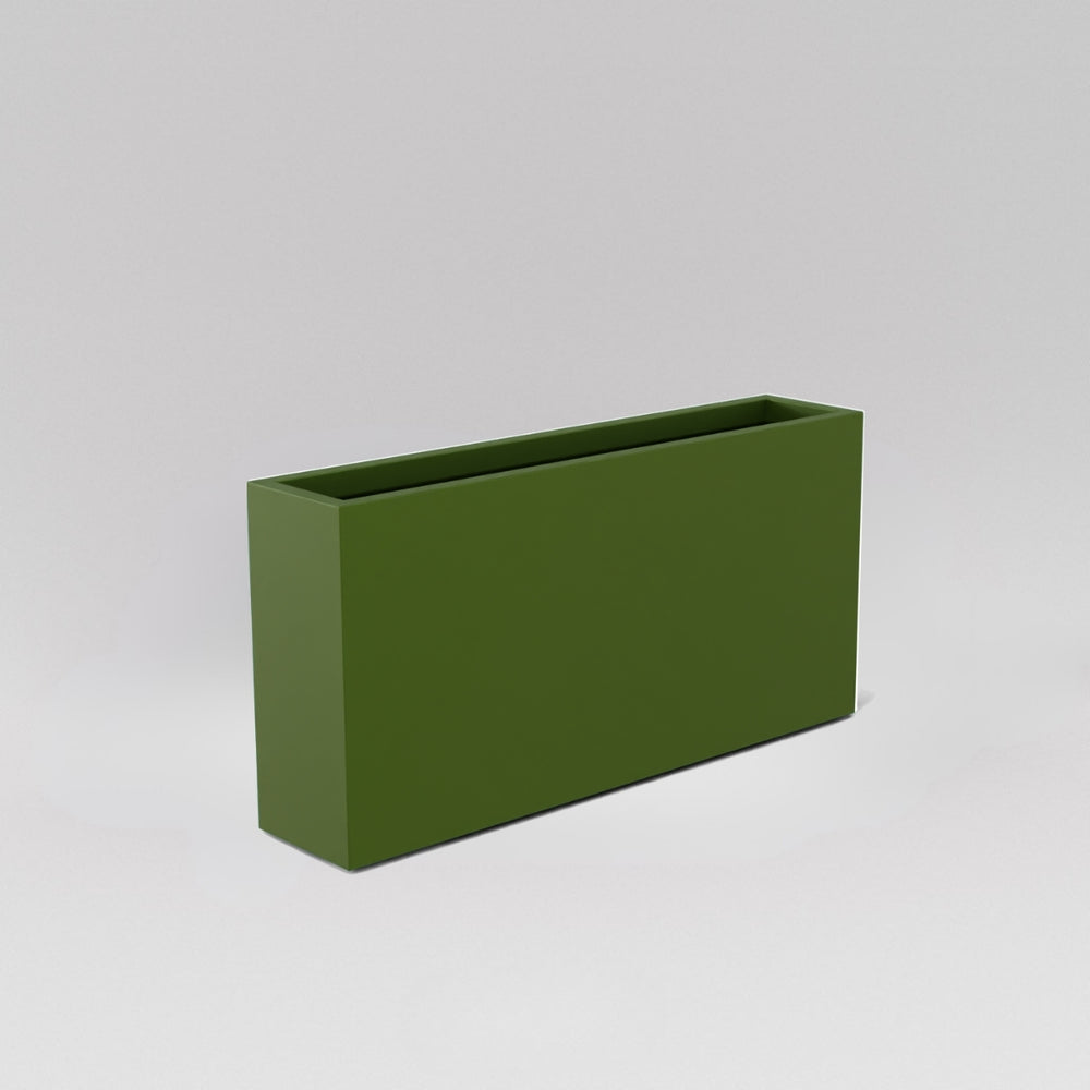 Milano Narrow Rectangle Planter in satin green against gray background.