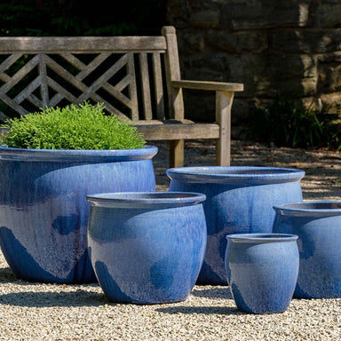 Mirador Planter - Marrakesh Blue - S/5 on gravel against wooden chair