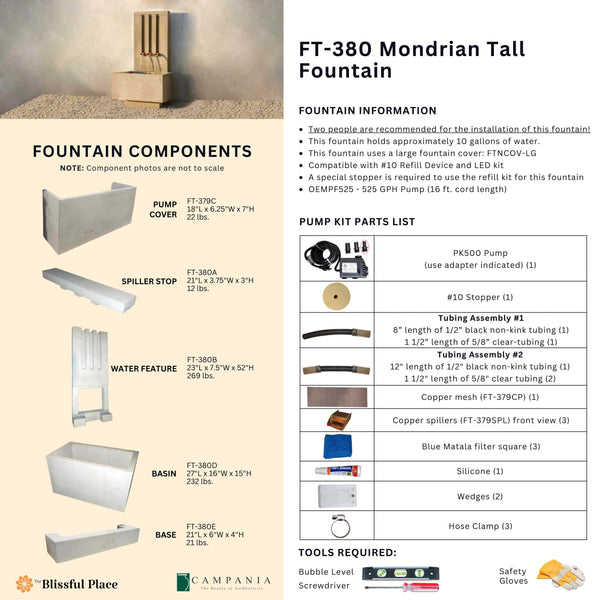 Complete overview of the Mondrian Fountain, Tall with dimensions, weights, pump kit parts, tools, and general info.