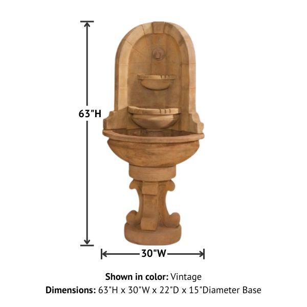 Montefalco Corner Fountain with concrete water spout with product details.