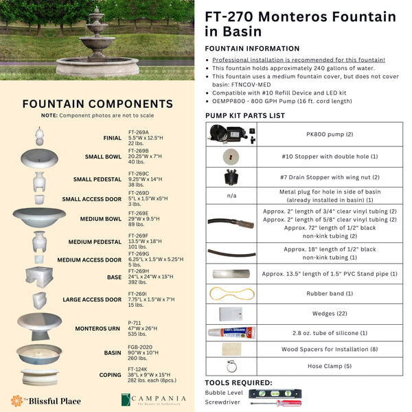 Complete overview of the Monteros Fountain in Basin with dimensions, weights, pump kit parts, tools, and general info.